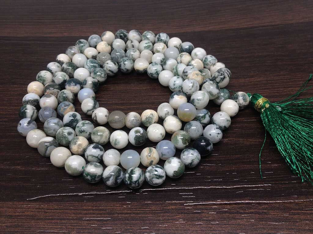 One (1) Natural 8mm Tree Agate Tibetan Jap Mala With 108 Prayer Beads Perfect For Mediation Spiritual Well Being ~ JP542
