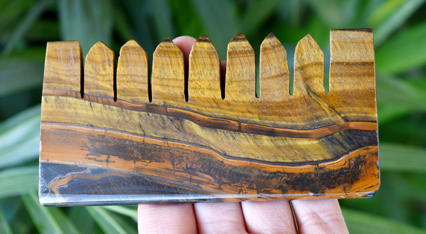 Natural Tiger Eye Crystal Combs, Scalp Massage Tool Stone Carved Crystal